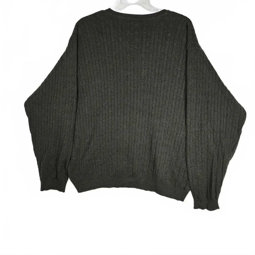 IZOD Men's XXL V-Neck Sweater 100% Cotton Olive Green Ribbed Cable Knit